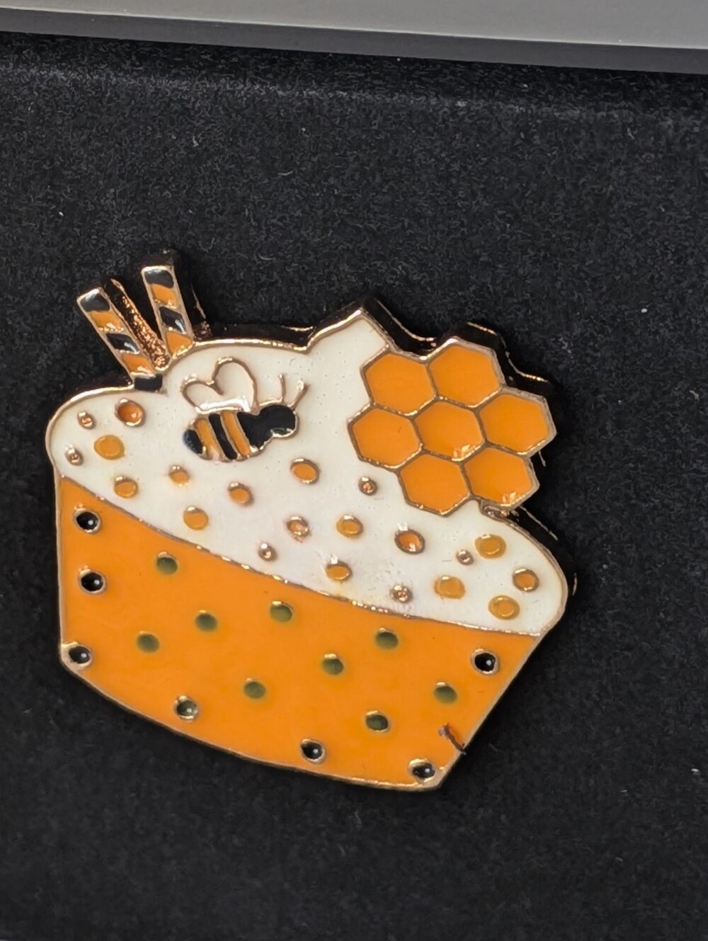 Honeycomb Bumblebee Cupcake Enamel Metal Pin - Orange & White